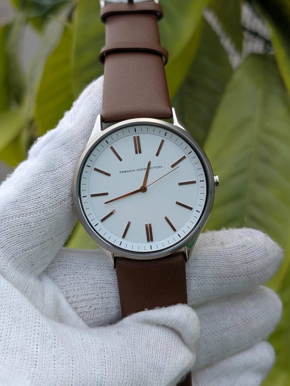 French Connection Men’s Quartz Watch Silver Case with Brown Leather Strap