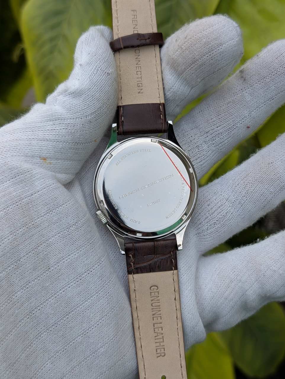 French Connection Men’s Silver-Tone Analog Watch with Brown Leather Strap