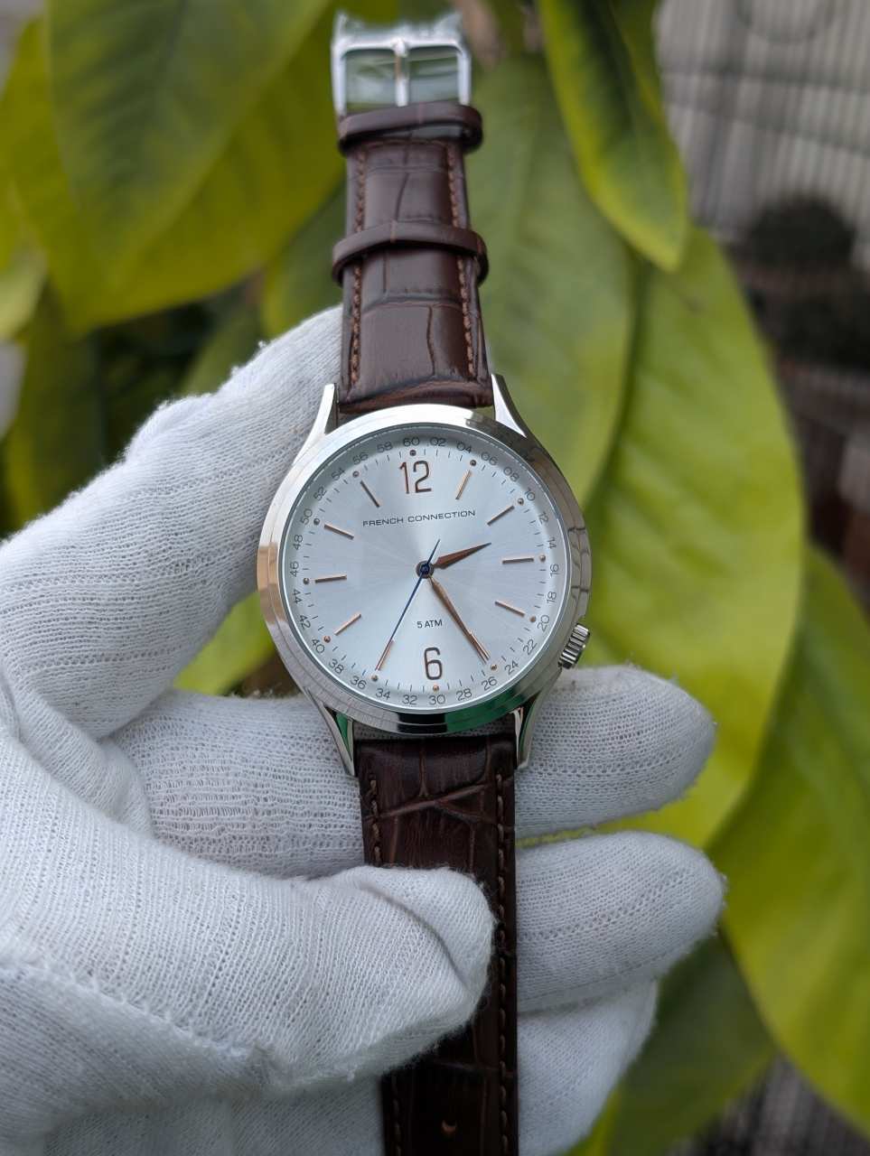 French Connection Men’s Silver-Tone Analog Watch with Brown Leather Strap