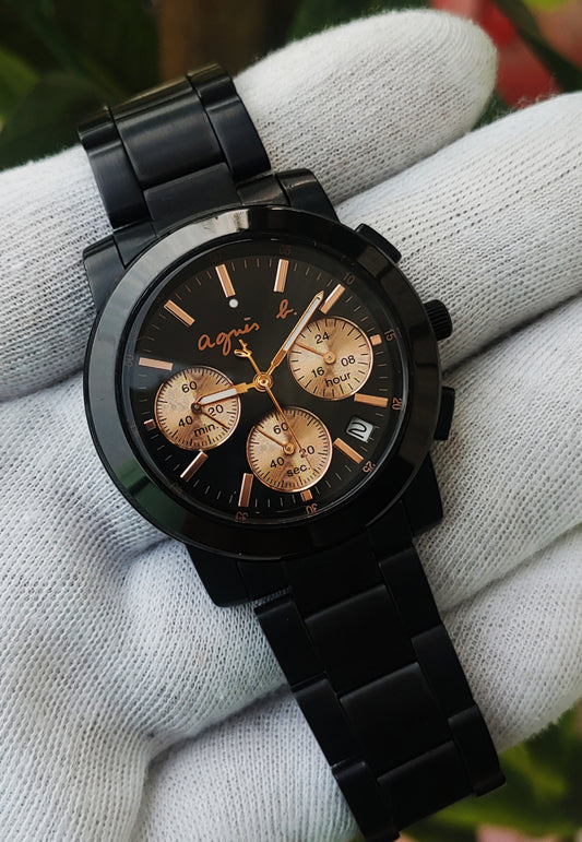 Agnis B Rose Gold VD53-KJ00 Black Stainless-steel Chronograph Watch For Men