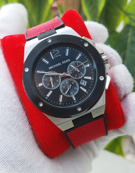 Michael Kors Lennox MK8943 Men's Stainless Steel Quartz Watch with Nylon Strap – Black/Red