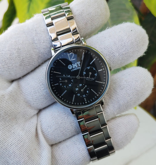 GMT London Black Date Graph Dial Men's Watch – 40mm Quartz Stainless Steel