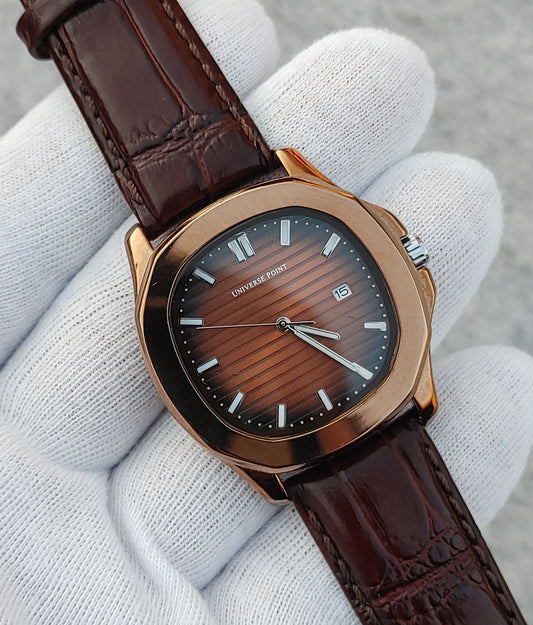 Universe Point Dark Brown Leather Strap Men's Watch