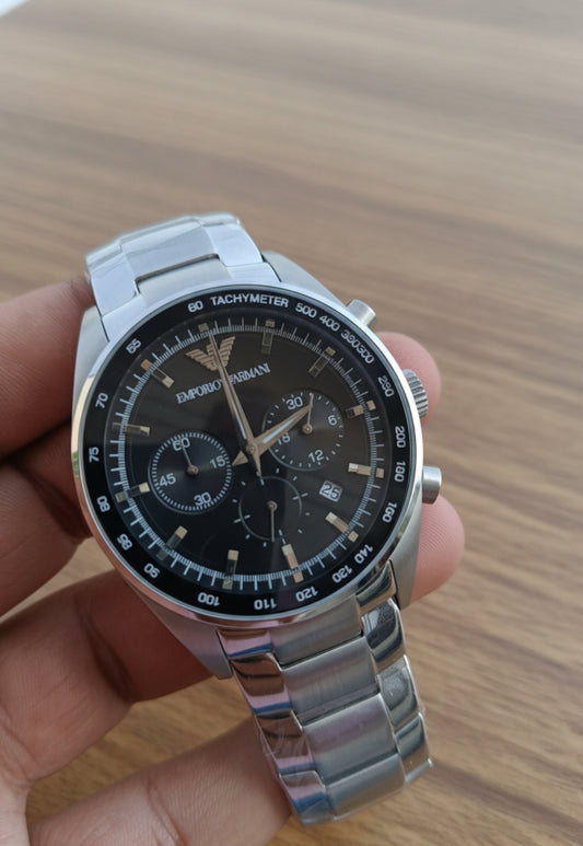 Emporio Armani Sportivo AR5980 – Silver Stainless Steel Black Dial Chronograph Quartz Watch for Men
