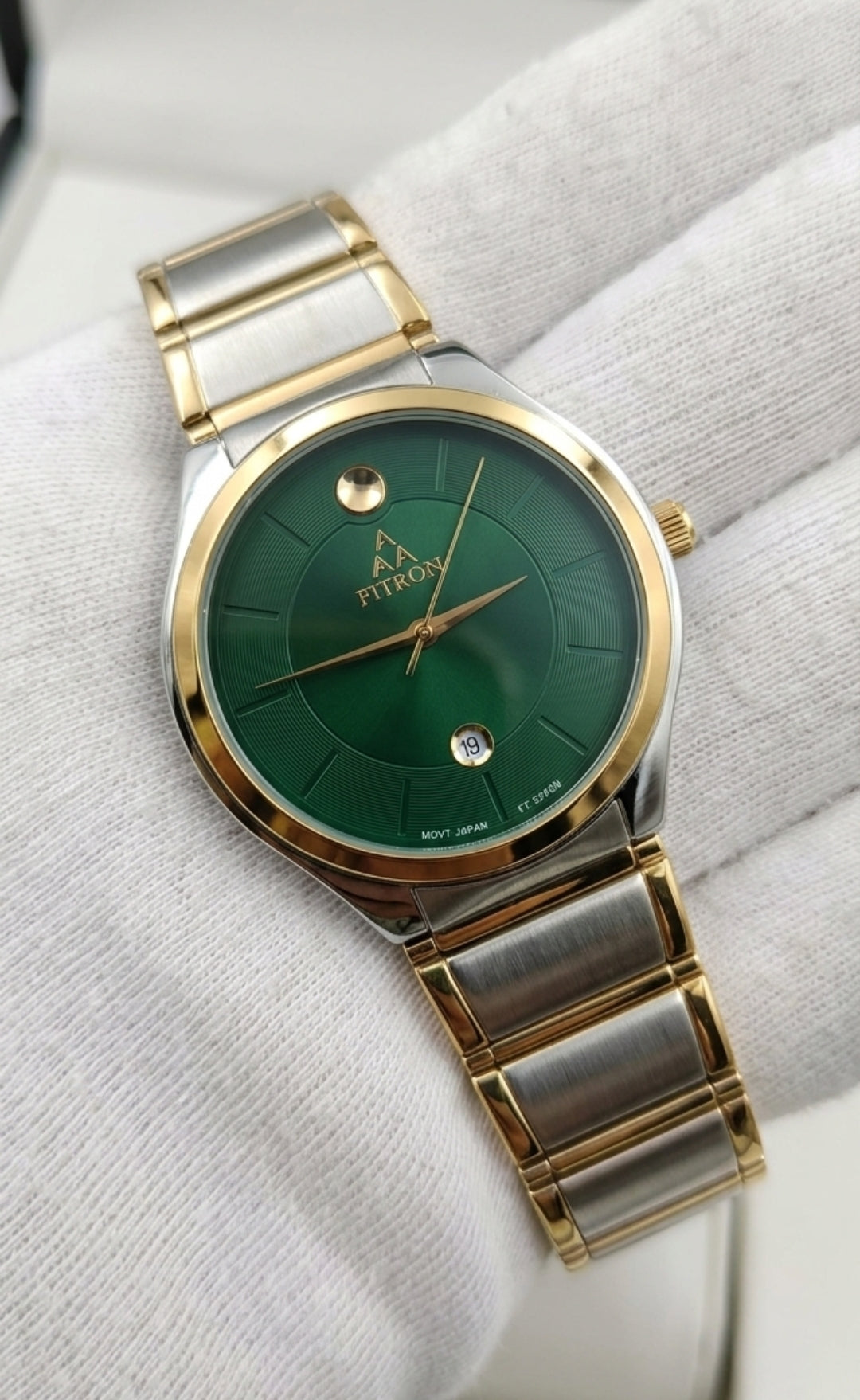 Fitron Two-Tone Square Green Dial Watch | Date Window & Moon Phase | Gold Silver Stainless Steel Bracelet