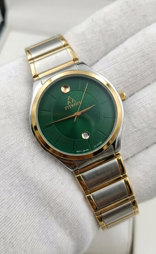 Fitron Two-Tone Square Green Dial Watch | Date Window & Moon Phase | Gold Silver Stainless Steel Bracelet
