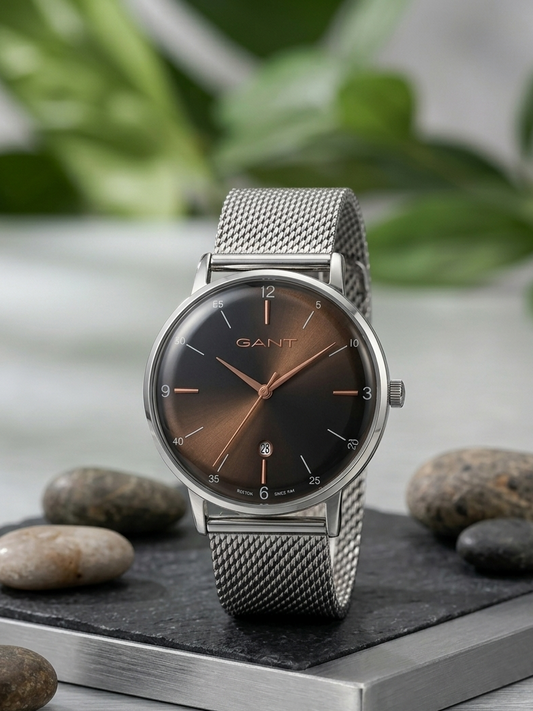 GANT Unisex Quartz Watch | Brown Sunray Dial | Silver Stainless Steel Mesh Bracelet | Date Display | Minimalist Dress Watch