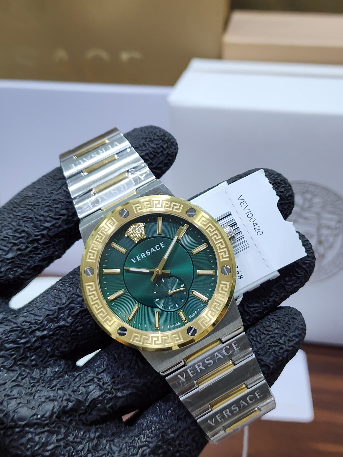 Versace Men's Greca Dome Two-Tone Green Dial Swiss Watch VEV100420