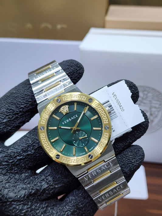Versace Men's Greca Dome Two-Tone Green Dial Swiss Watch VEV100420
