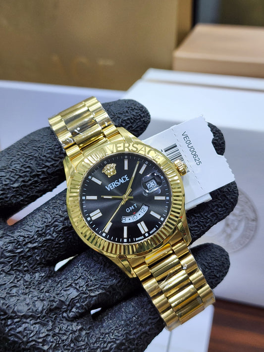 Versace GMT Men's Gold-Tone Black Dial Swiss Watch VEOU00625