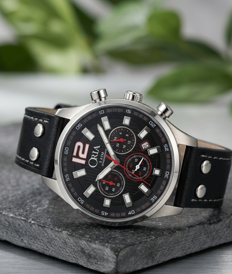 ORIA Men's Chronograph Watch Black Dial with Red Accents & Genuine Leather Strap