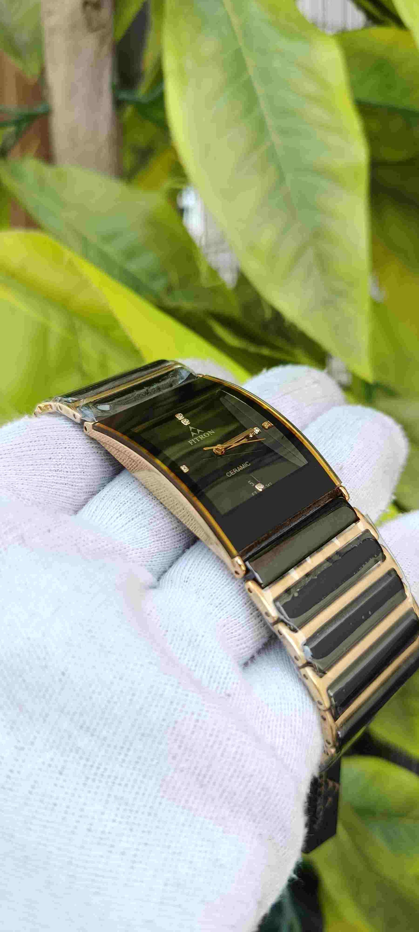 Fitron Ceramic Watch – Black & Gold Two-Tone, Rectangle Case, Crystal Markers
