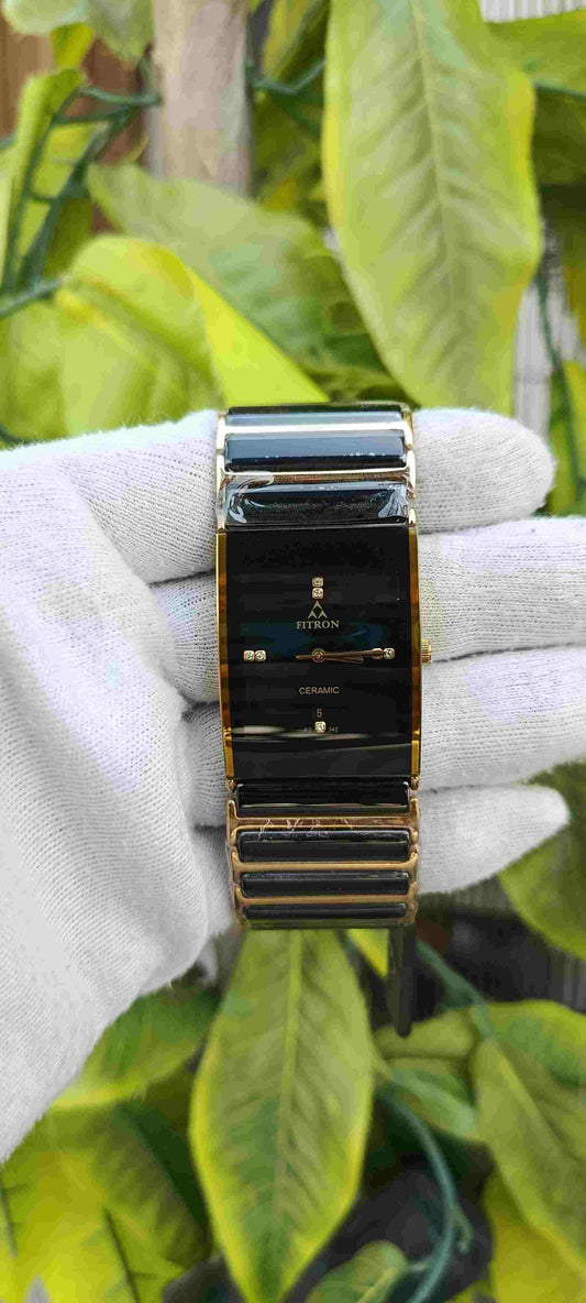 Fitron Ceramic Watch – Black & Gold Two-Tone, Rectangle Case, Crystal Markers