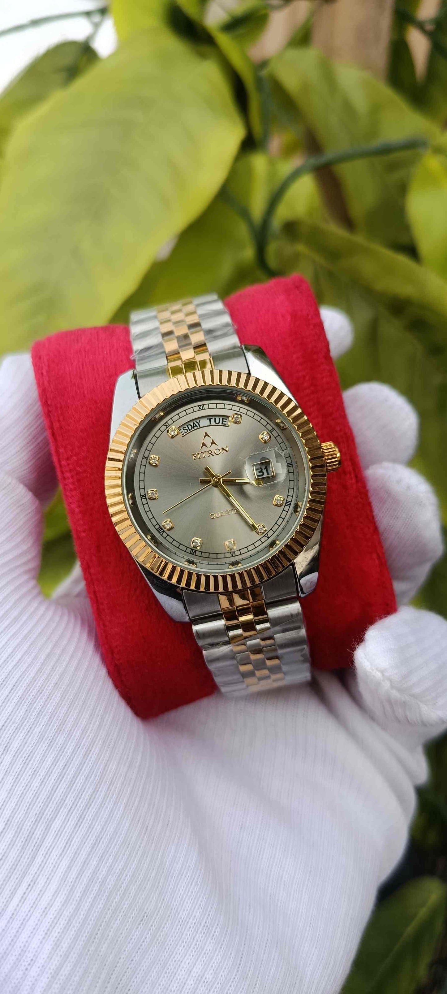 Fitron Two-Tone Fluted Bezel Day-Date Watch